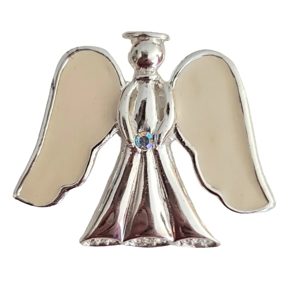 KC Kenneth Cole Silver Tone White Enamel Angel Brooch Pin, Signed - Picture 7 of 7